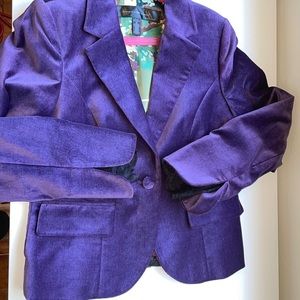 Apostrophe purple velvet blazer with black lace trim details